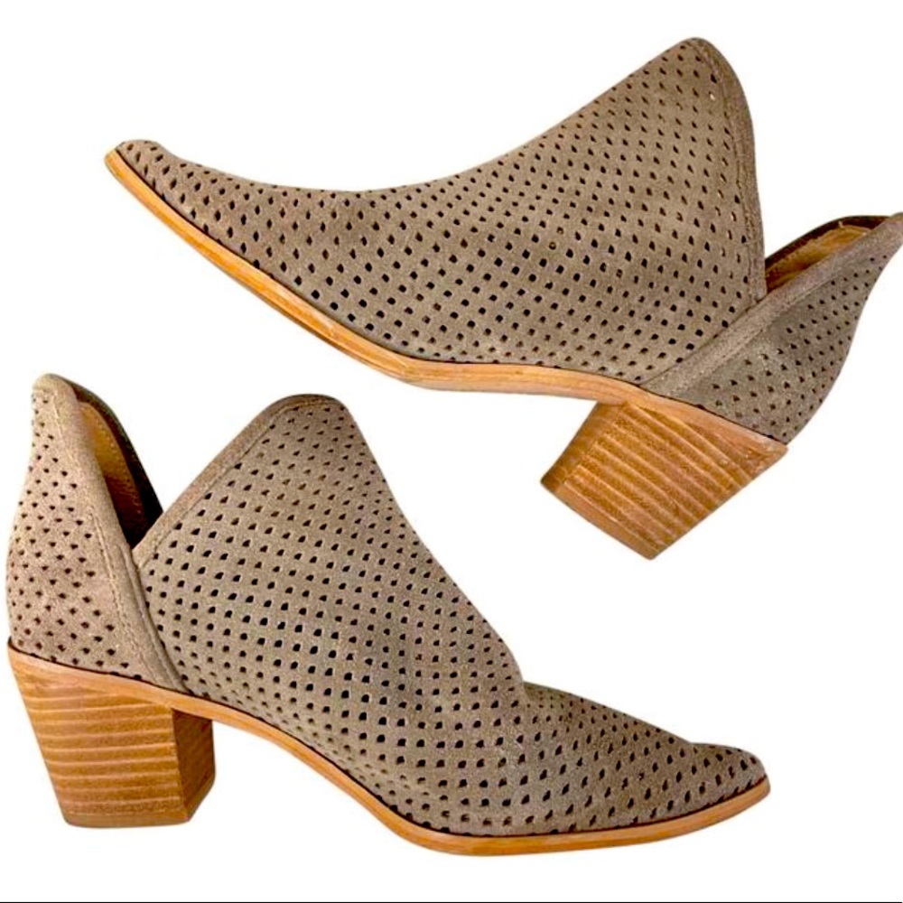 Lucky Brand. Taupe Baley Suede Perforated Cut Boots/Booties